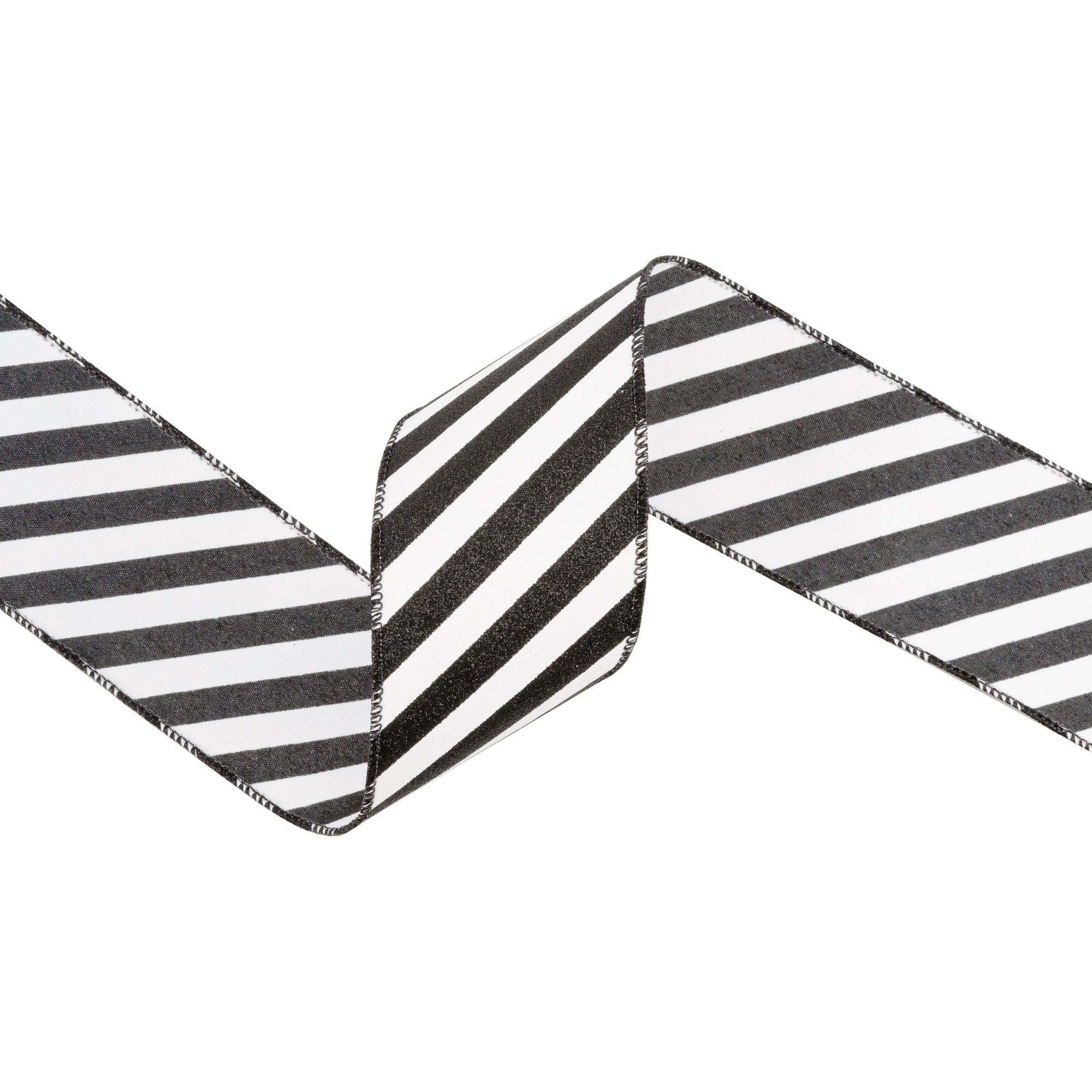 LaRibbons 2 1/2" Wired Ribbon, Black Glittered Diagonal Stripes on White, 10 Yard Roll