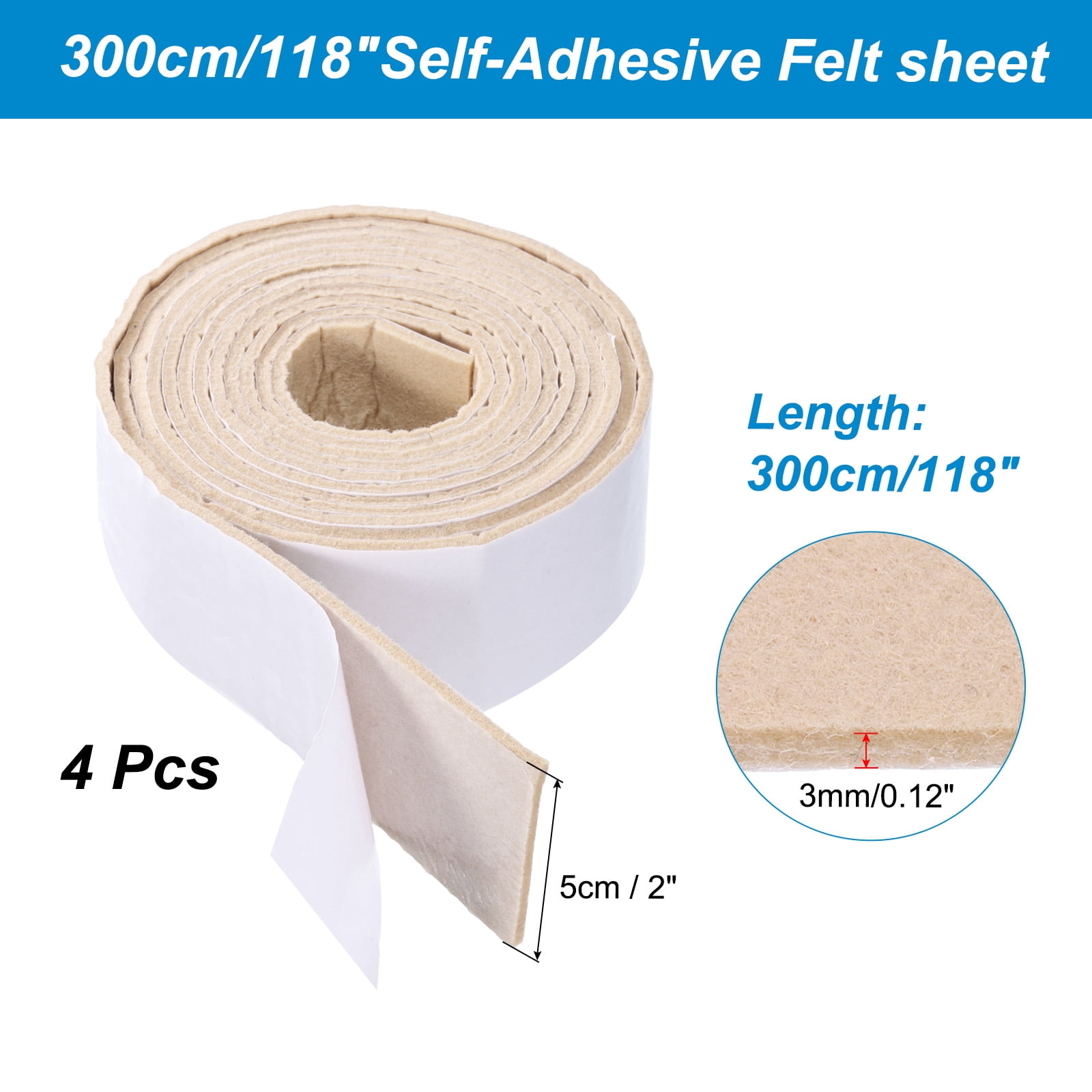 Uxcell 4pcs Self-Adhesive Felt Sheets 118x2 Inches for DIY Arts and Crafts, Beige