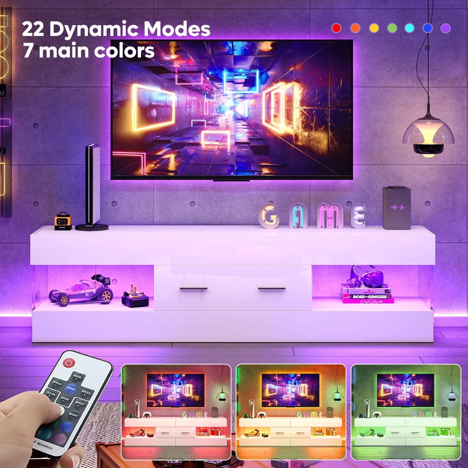 Bestier White TV Stand for TVs up to 65", Modern Entertainment Center for TVs with LED Light, High Gloss TV Console Table with Storage Drawers