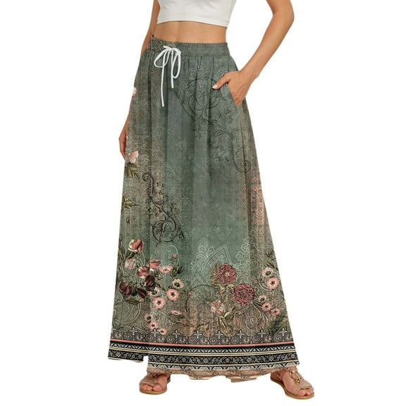 WTOBBY Women's Floral Gradient Print Flared Maxi Skirt Ruffle Hem A-Line Long Skirt Elastic Waist Elegant Tiered Layer Boho Skirt with Vintage Stripe Pattern,Army Green L