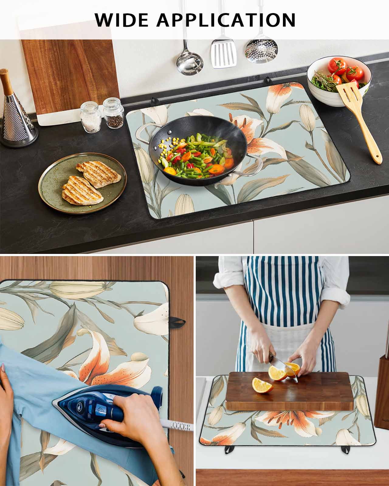 nqOlkjepod Large Induction Cooktop Protector Mat 36"x21", Lily Flower Stove Top Covers for Electric Stove, Watercolor Country Blooms Spring Botanical Art Stove Burner Cover Mats Stove Cover