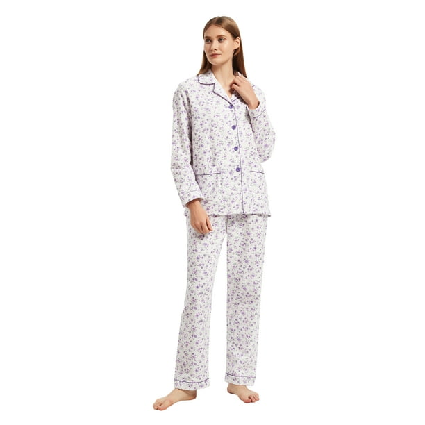 GLOBAL Conjunto de Pijamas de Franela para Mujer, Pijamas 100% Algodón para Mujer, Ropa de Estar por Casa, Manga Larga, Botón, Cordón en la Cintura, Ropa de Dormir Cálida, Elegante Flor Morada S