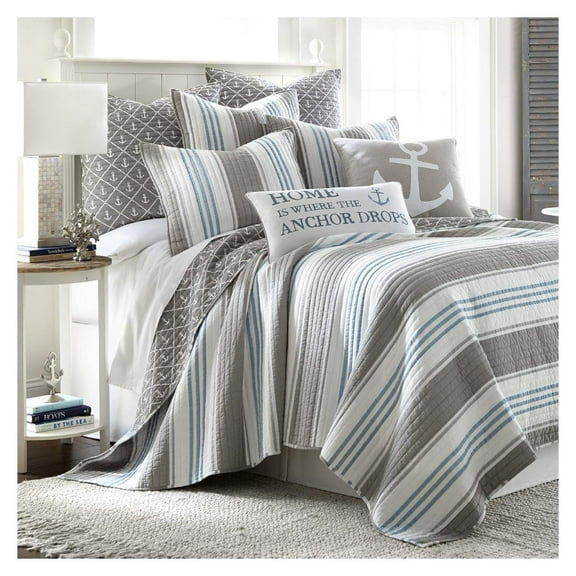 - Provincetown / XL Quilt - Striped Coastal - Grey, White, and Blue - Quilt Size (68x86in.) - Reversible - Cotton Fabric