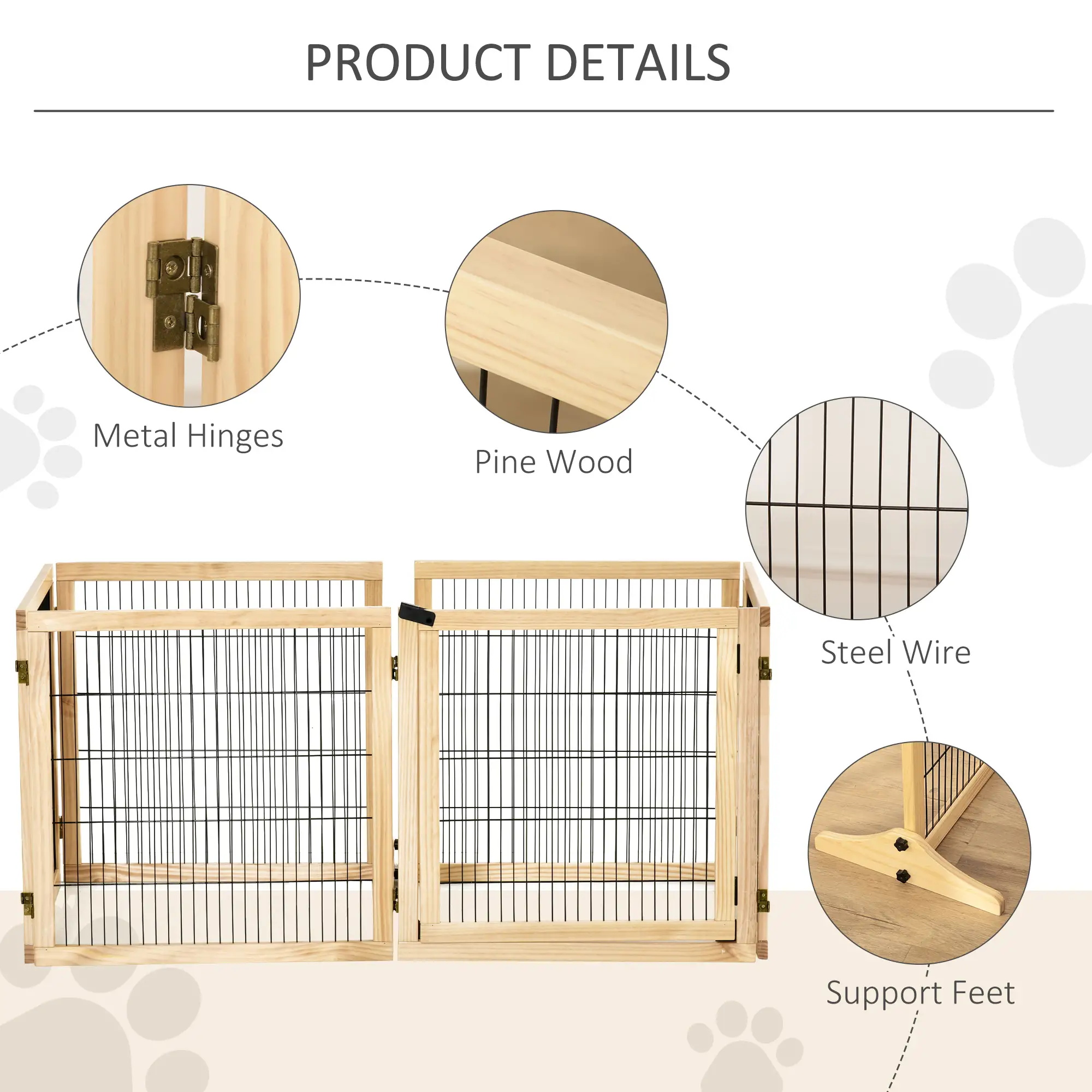 Pefilos 170" Wide Folding Pet Gate, 32" Tall No-Assembly Wood Dog Gate with Door Walk Through, Freestanding Wire Pet Gate, Pet Puppy Safety Fence, Beige