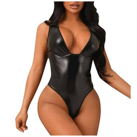 

Lingerie for Women Faux Leather Plunging Teddy Bodysuit Babydoll Backless Underwear Slim Sleepwear Jumpsuit