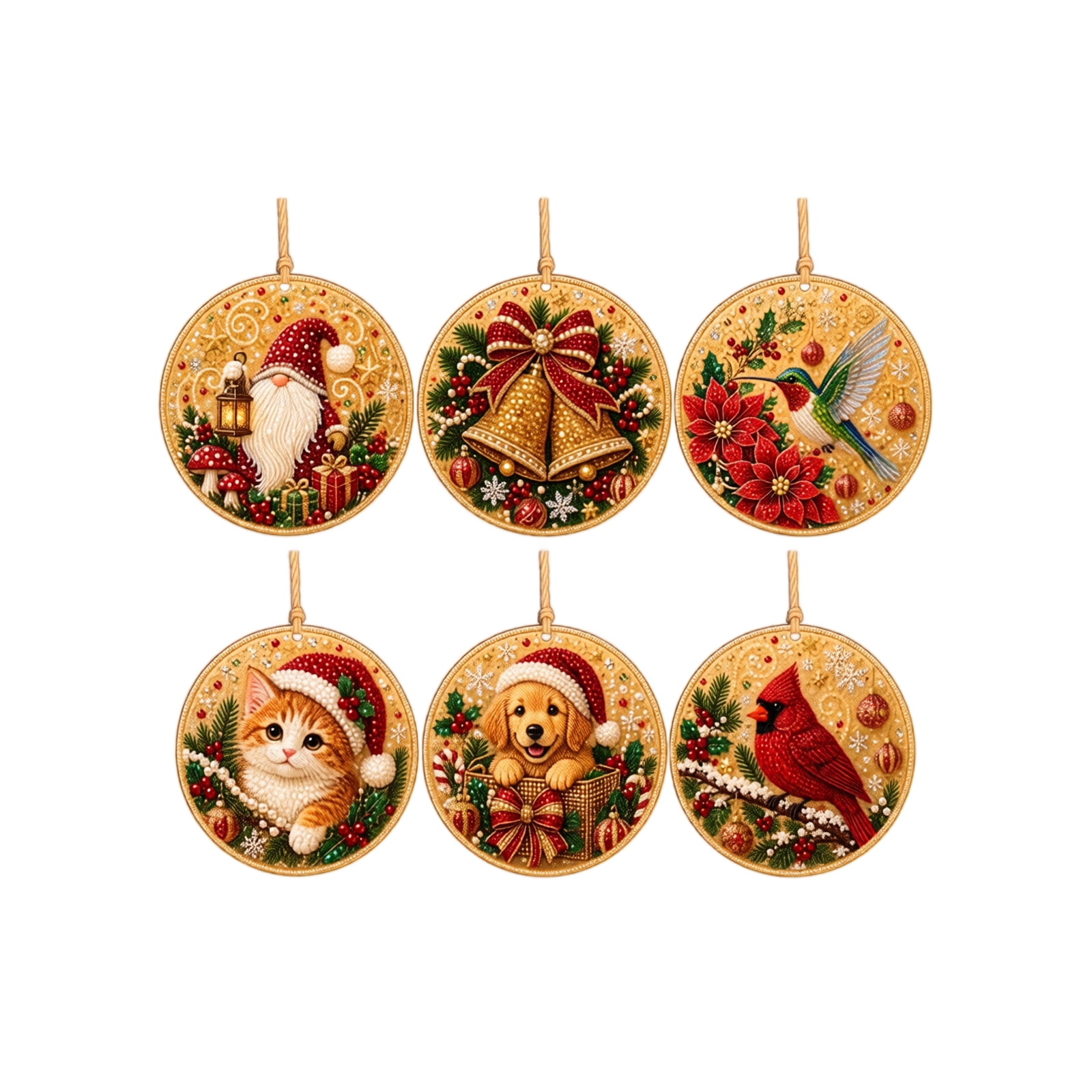 6 Pcs Christmas Diamond Art Ornament DIY Kit Hanging Decoration Set Festive Craft for Xmas Tree Home Party Indoor Gift Giving Sparkling Creative Relaxing Cute