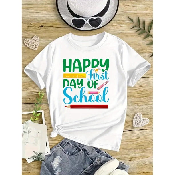 Girls' Casual Knit T-Shirt - "Happy First of School" Print, Crew Neck, Short Sleeve, Machine Washable - with Colorful Pencil & Flower Design