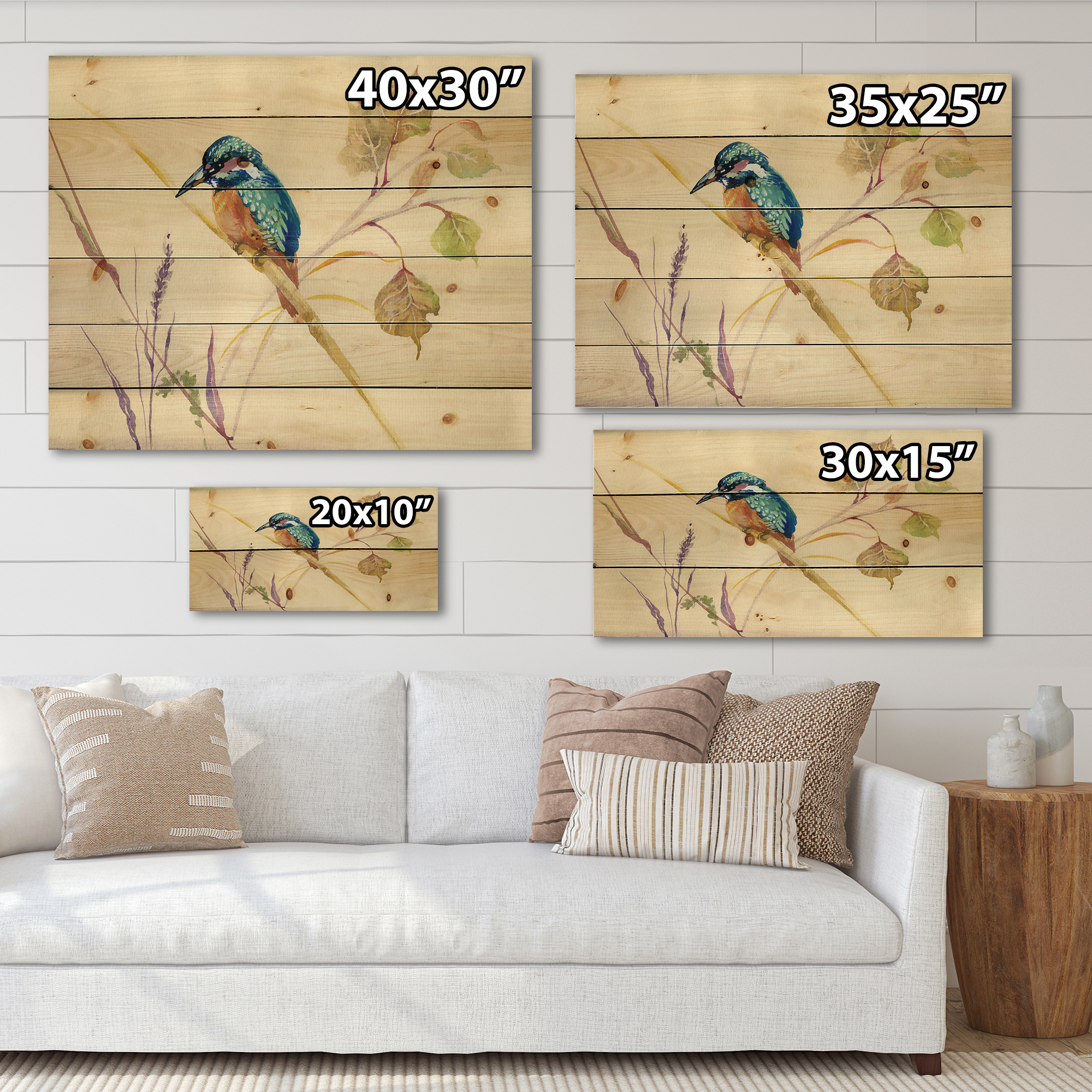 Designart 'Common Kingfisher Bird On Branch' Traditional Print on Natural Pine Wood