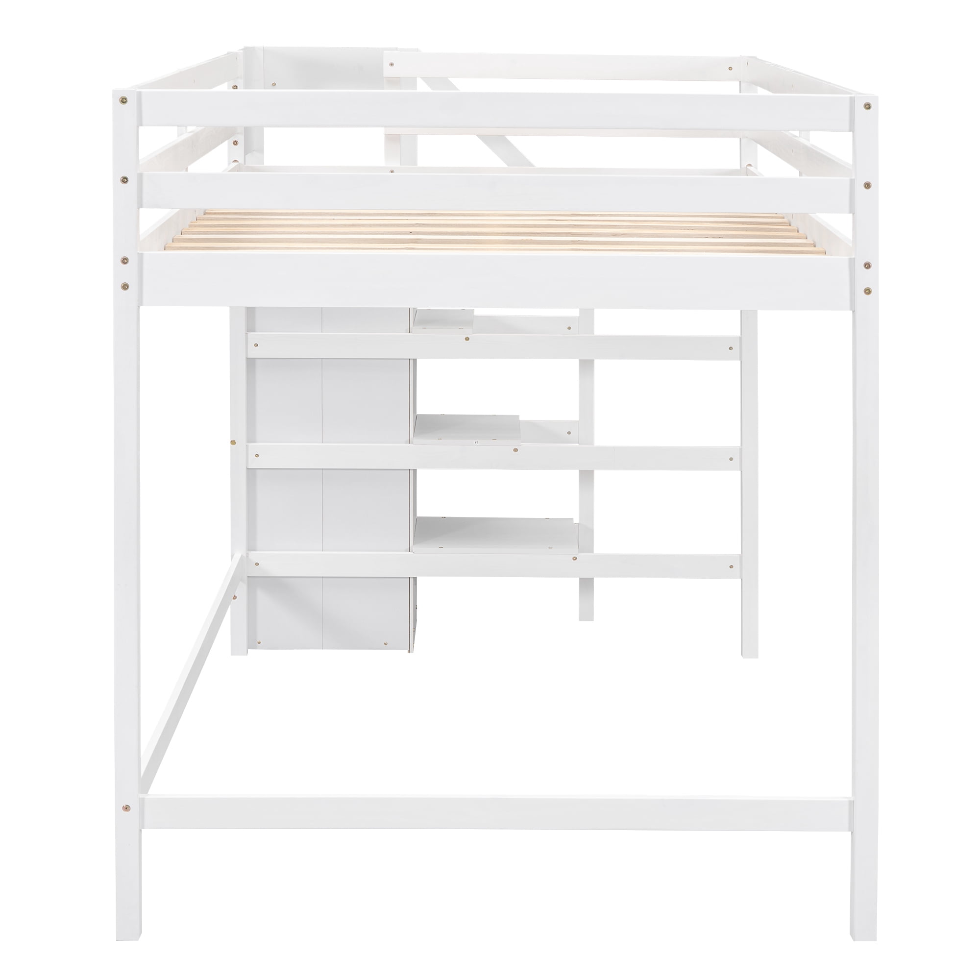 Euroco Wood Full Size Loft Bed with Storage Shelves and Wardrobe, White
