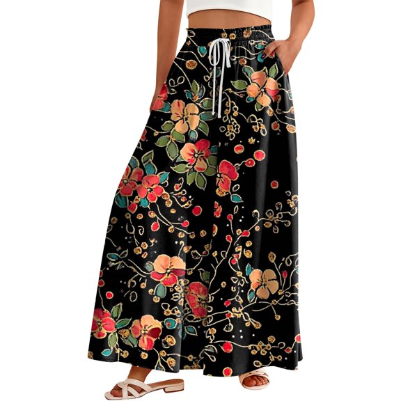 WTOBBY Women's High Waisted Wide Leg Pants Casual Flowy with Pockets and Vibrant Floral Print, Ideal for Spring Summer Beach Vacations, Garden Parties and Outdoor Adventures,Black L