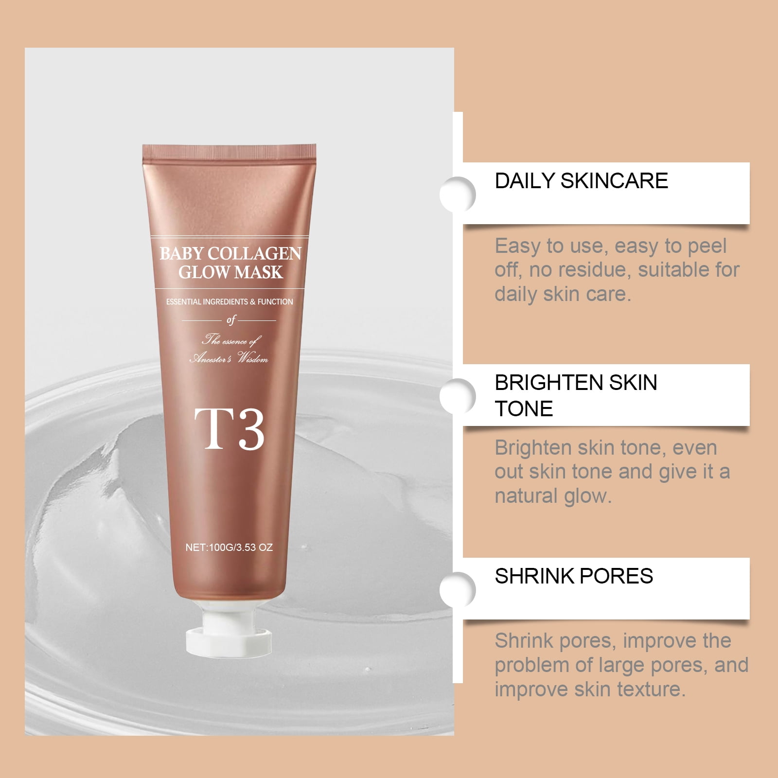 Alvantor Collagen Face Mask, Hydrating Peel off Mask with Brush, Firming and Glow Skin, 3.53oz