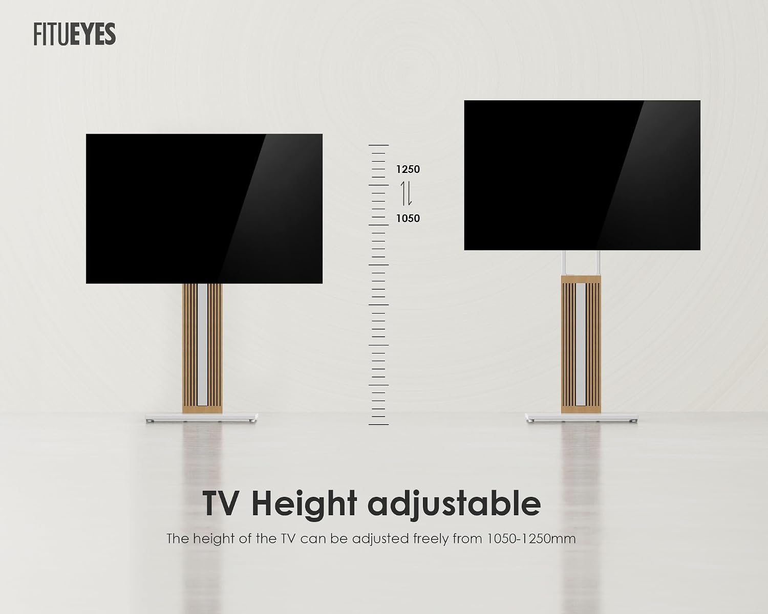 FITUEYES Zen Series Floor TV Stand for 32–65 Inch TVs, White & Light Wood, Hidden Storage