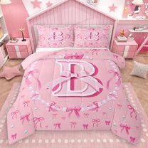 Homewish Bow Initial B Letter Bedding Comforter Set, Dreamy Fairy Tale Bow Twin Comforter Sets, Cute Cartoon Style Reversible Bedding Set, Super Cozy Room Decor, 2 Pieces