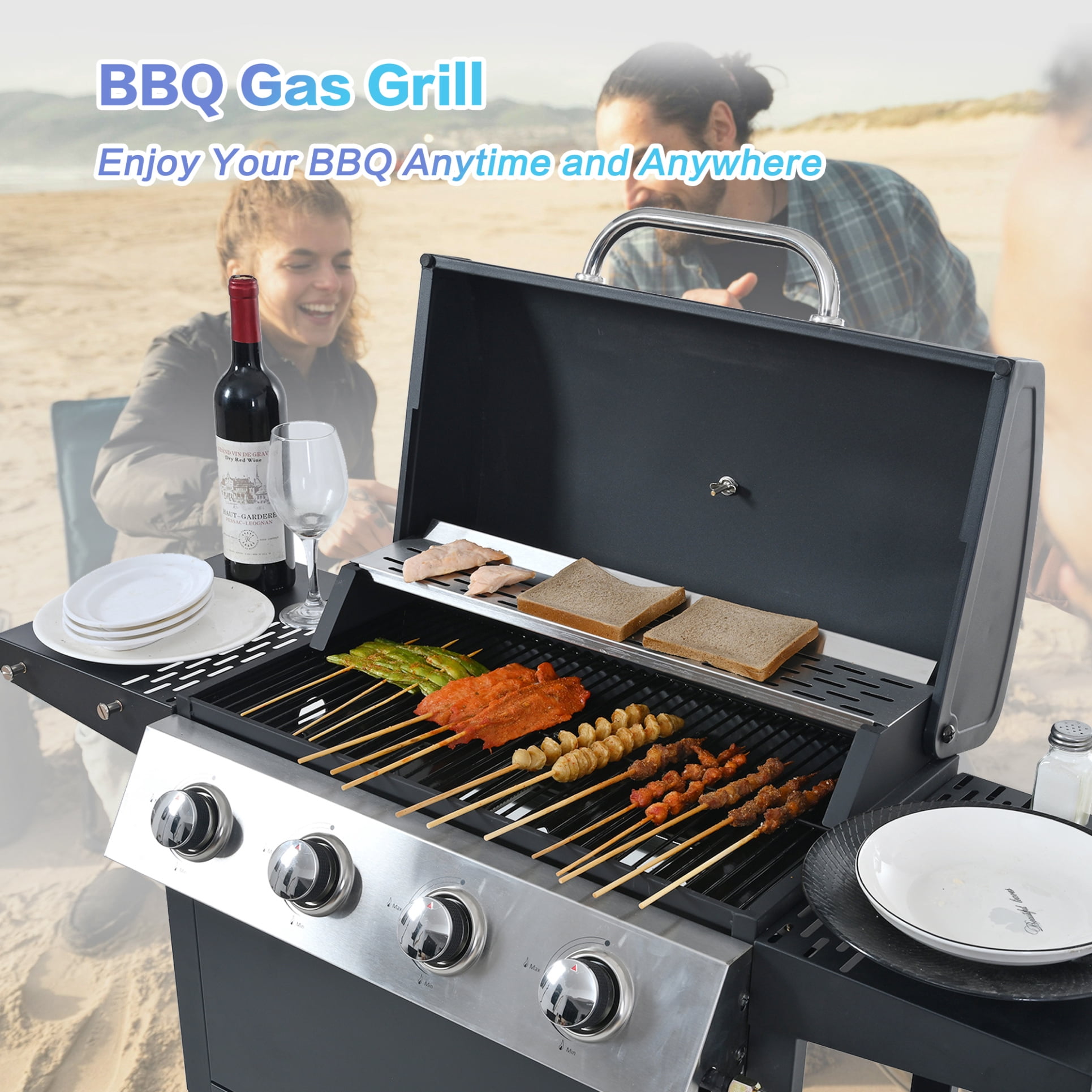 4-Burner Propane Gas Grill with 2 Side Shelves,  34,000 BTU Patio Garden Barbecue Grill with Lid, Wheels and Bottle Opener for Outdoor, Camping, Black