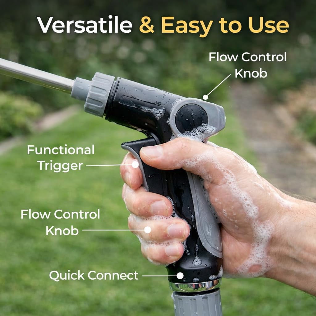 Heavy Duty Garden Hose Nozzle, High Pressure Water Cleaning Jet Sprayer, Multi-Function Lawn & Garden Hose Nozzle for Yard, House, Car & Pet Cleaning
