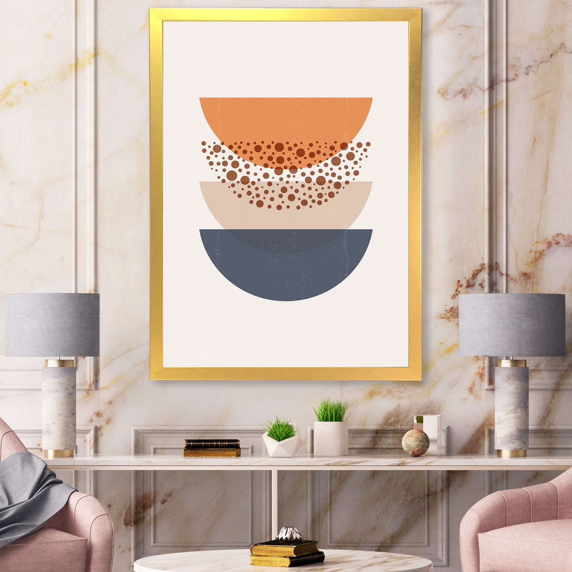 Designart 'Abstract Moon and Sun Geometrics In Blue & Orange' Modern Framed Art Print