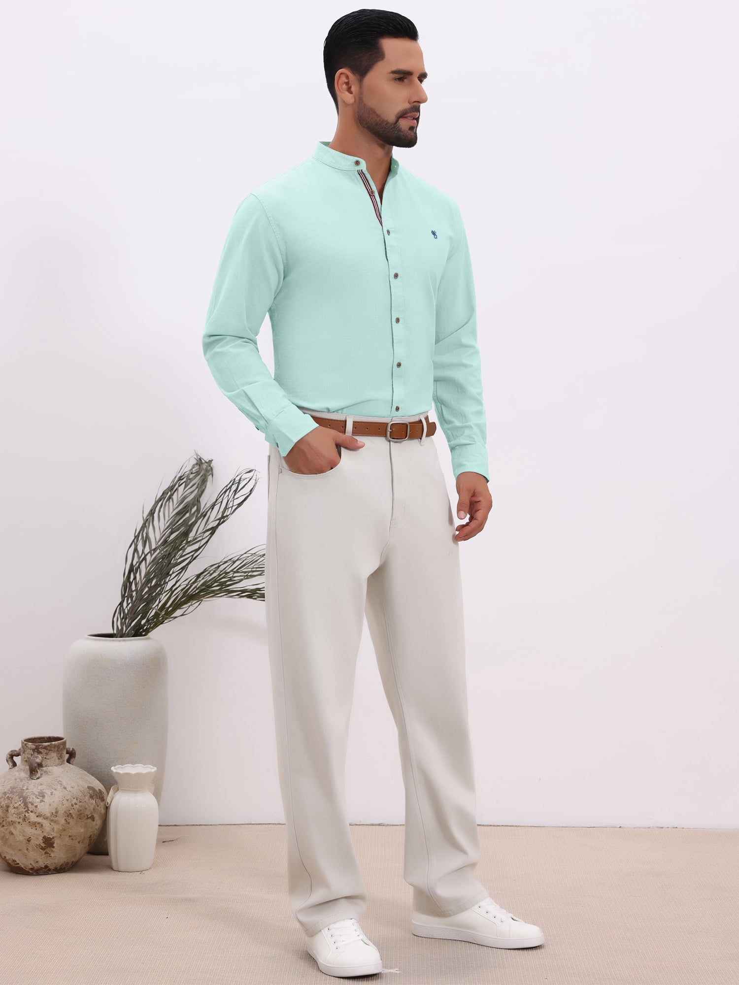 DARING DIVA Men's Stand Collar Long Sleeves Button Down Linen Shirts 2XL Light Green
