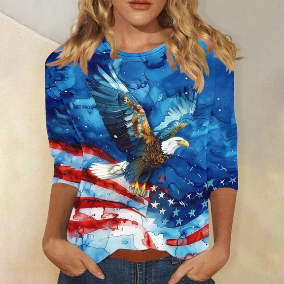 Cavosen Red White and Blue Tops for Women Patriotic 3/4 Sleeve Crewneck Tops USA Star Striped Print T Shirts Lady XL Independence Day Casual Shirts 4th of July Tunic Tees Patriotic Outfits