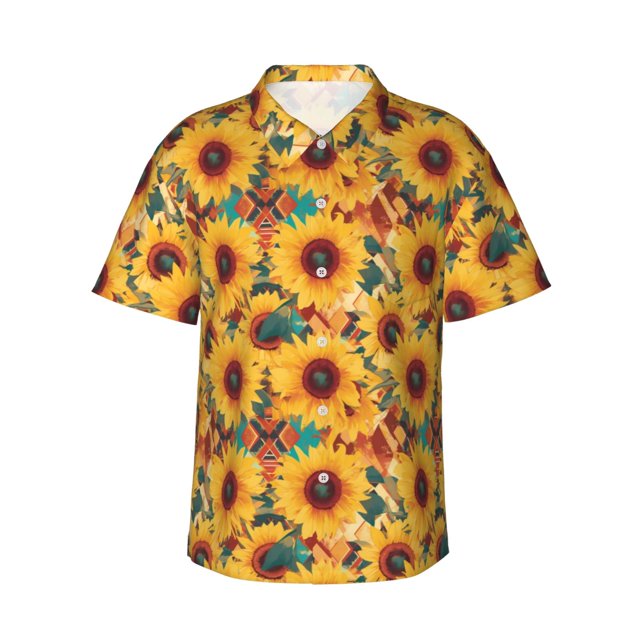 Balery Colorful Bohemian Sunflower Camisas hawaianas de manga corta para hombre, camisas playeras de corte holgado, camisas de vacaciones con botones,3X-Large