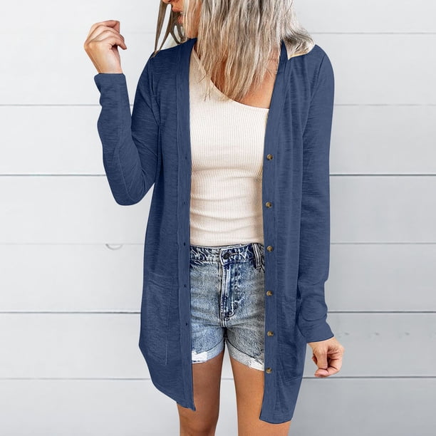 Chaquetas y prendas de vestir casuales sin capucha de manga larga de color para mujer, blusas casuales de manga larga con bolsillo y cárdigan con botones, chaqueta de algodón de color para mujer
