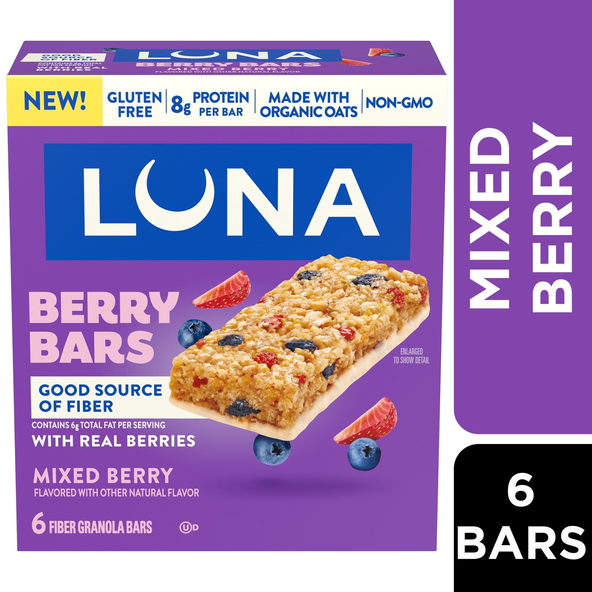 LUNA Berry Bars Mixed Berry Flavor Fiber Granola Bars, Gluten Free Protein Bars, 6 Count