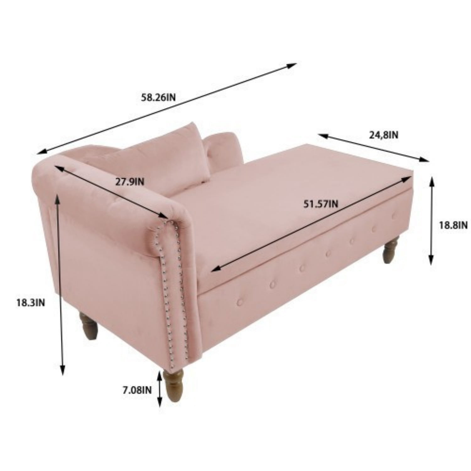 Velvet Chaise Lounge Chair with Storage, Upholstered Chesterfield Lounge Chair with Rolled Arm, Tufted Back, Pillow & Hidden Storage for Living Room, Bedroom & Office, Pink