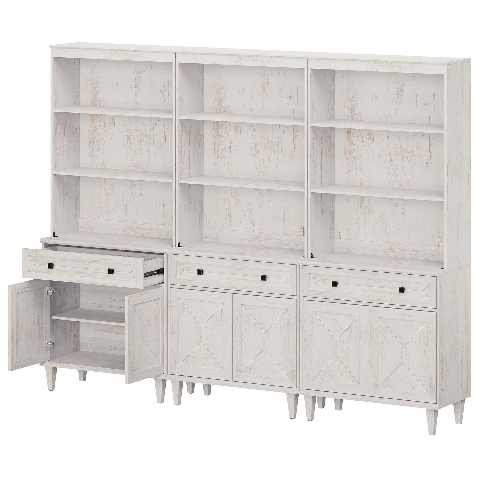 WAMPAT Handmade Patchwork 94.5" Wide Tall Bookshelf with Cabinets, White