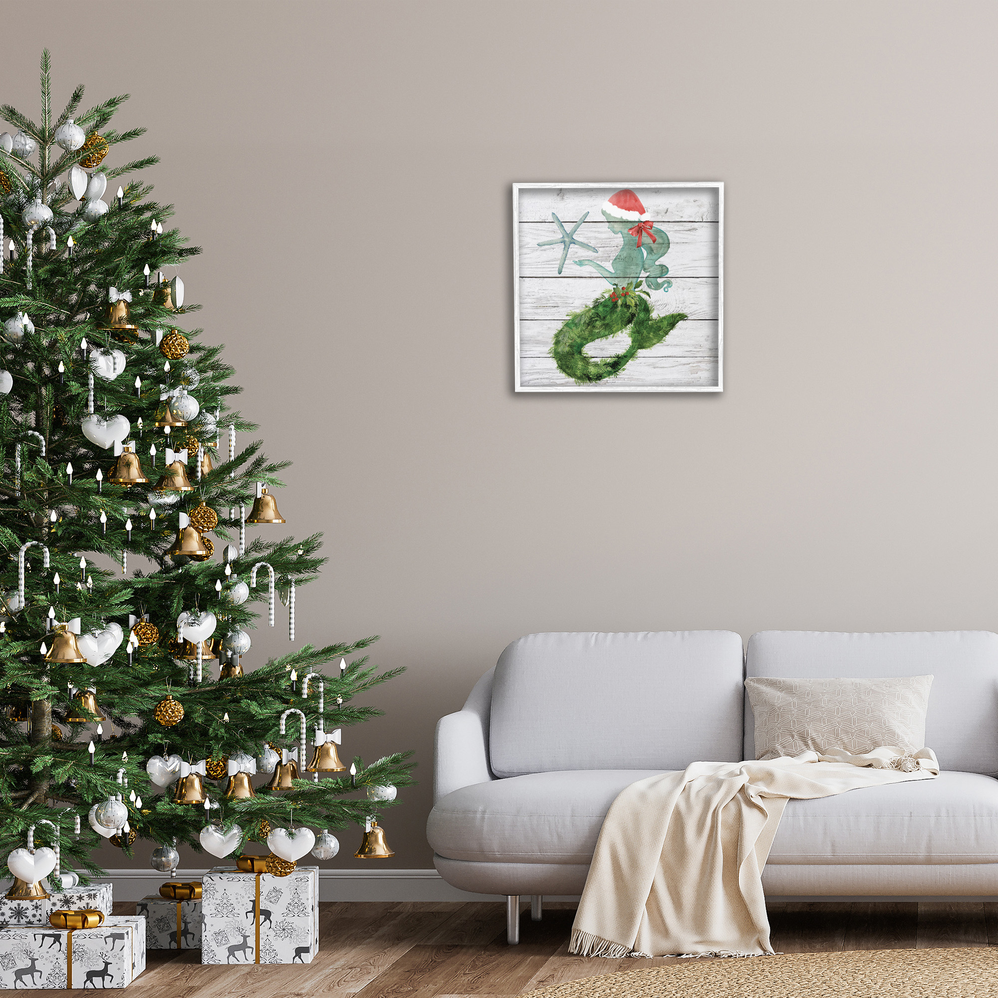 Stupell Industries Christmas Mermaid & Winter Holly Nature Painting White Framed Art Print Wall Art, 24 x 24