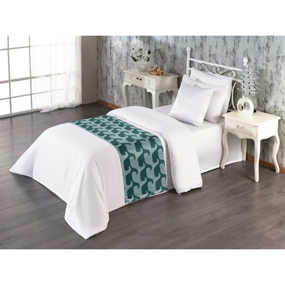 Contemporary Bed Runner, Abstract Style Wave Depiction Ocean and Sea Repeated Pattern, Decorative Accent Bedding Scarf for Hotels Homes & Guest Rooms, Twin, Hunter Green and Cadet Blue, by Ambesonne