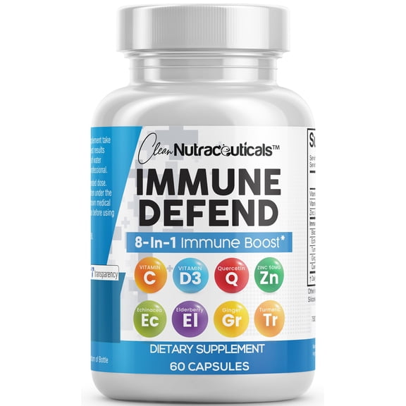 Clean Nutraceuticals Immune Defense Support Supplement 8 in 1 with Zinc 50mg Quercetin, VIT C 1000mg, Vitamin D3 5000 IU, Elderberry, Ginger - Immunity System Booster for Adults, Vegan - 60 Count