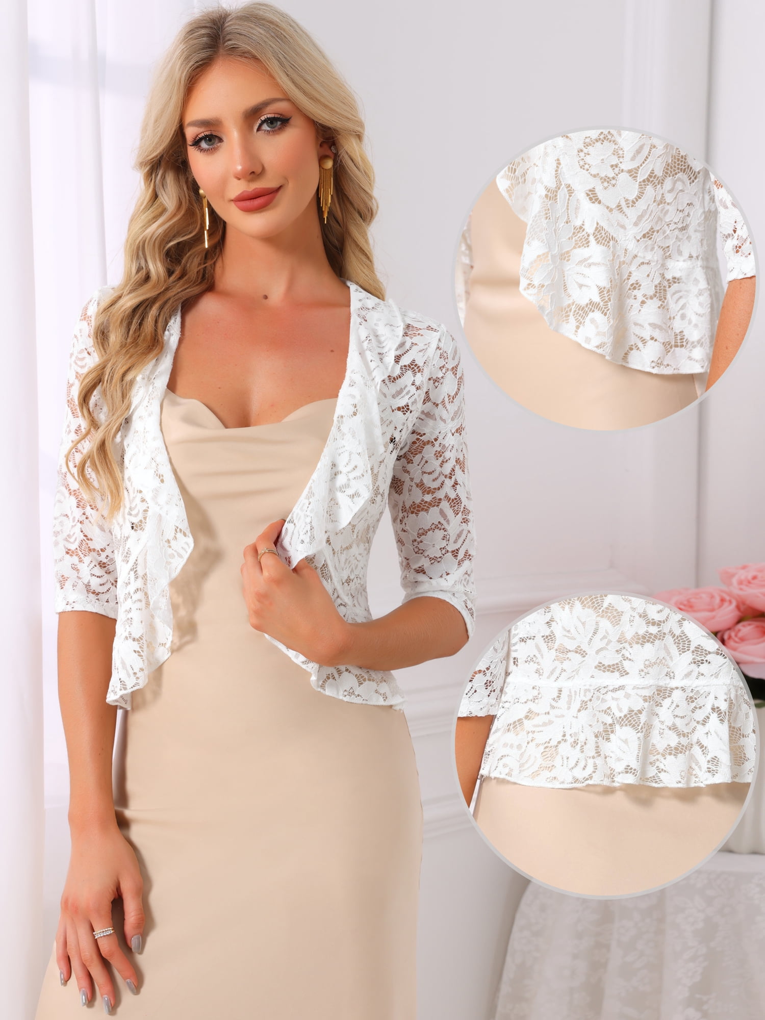 DARING DIVA Women's Lace Shrug Ruffle Cardigan Open Front Half Sleeve Bolero XS White