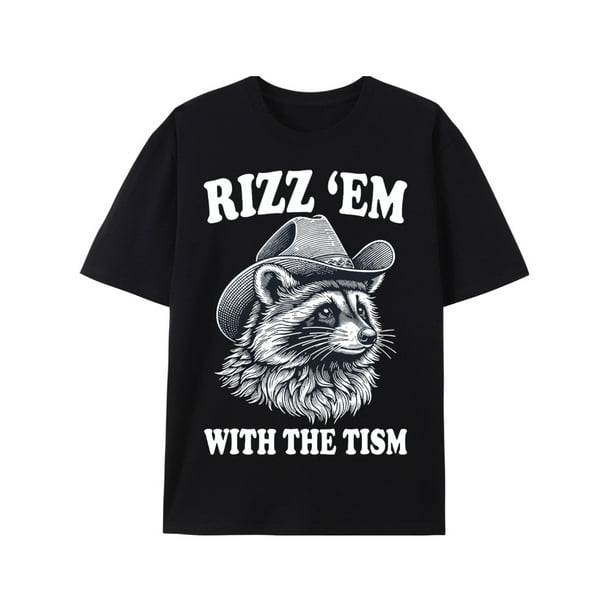 1pc Rizz Em with The Tism Funny Raccoon Meme Cotton T-Shirt, Unisex Hip Hop Graphic Print, Crew Neck
