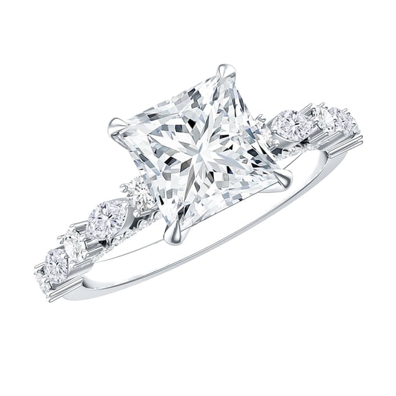 Rosec Jewels Certified Moissanite Princess Cut Engagement Ring with Side Stones - 3 Carat Moissanite Ring - D-VS1 Grade, 925 Sterling Silver, US 4.00