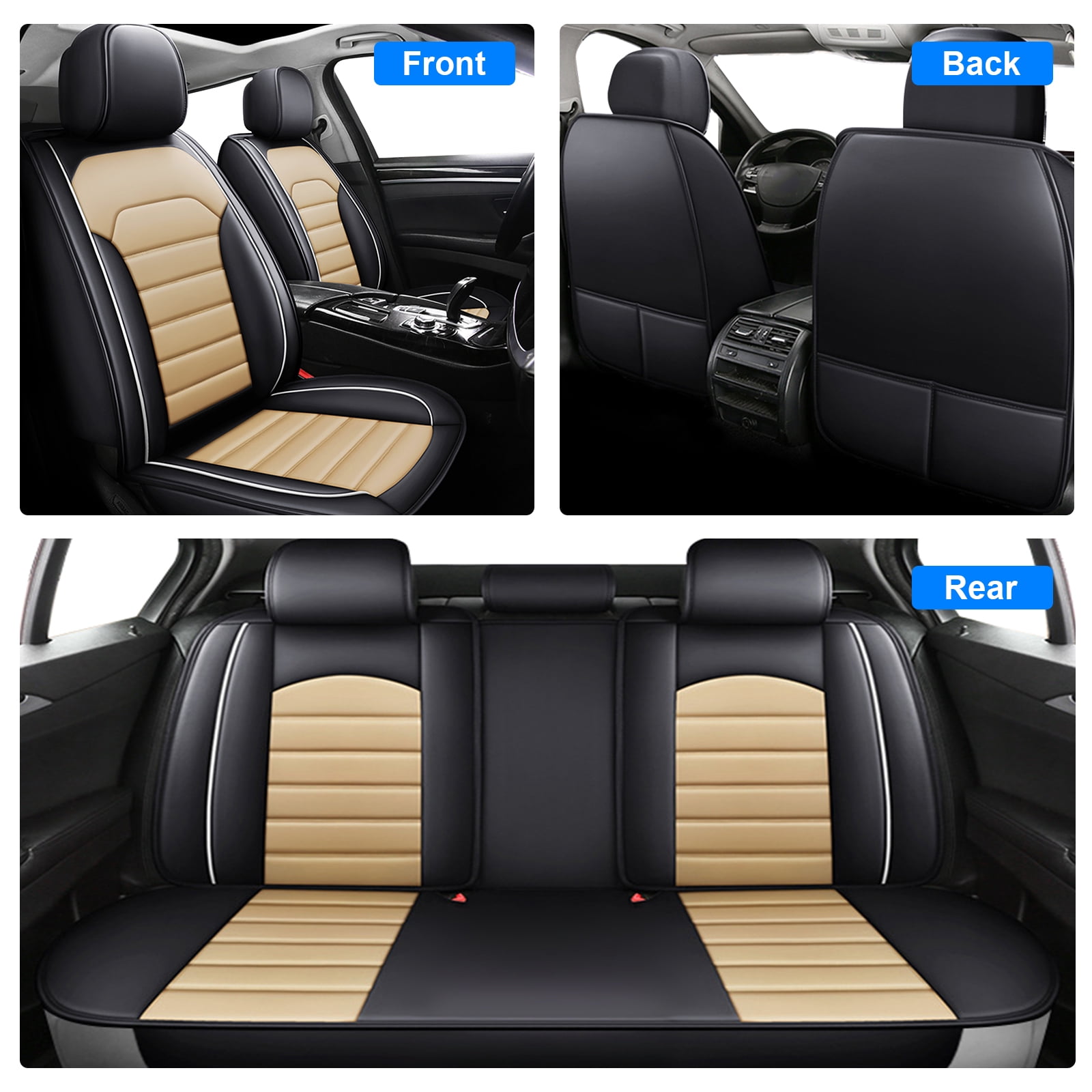 Car Seat Cover Fit for Ford Bronco Sport 2021-2025, Breathable Faux Leather Automotive Cushion Protector Front& Rear Full Set for Escape Fusion Focus Black Beige