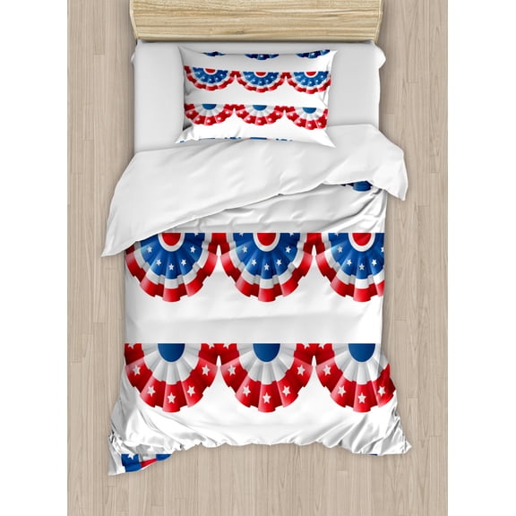 American Flag Duvet Cover Set, Flag Round Bunting Election Ornament Politic Union Ribbon Event Pattern Print, Decorative 2 Piece Bedding Set with 1 Pillow Shams, Twin Size, Blue Red, by Ambesonne