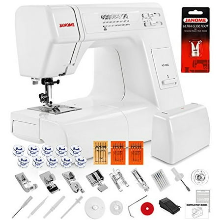 Janome HD3000 Heavy Duty Sewing Machine with Hard Case, Ultra Glide Foot, Blind Hem Foot, Overedge Foot, Rolled Hem Foot, Zipper Foot, Buttonhole Foot, Leather and Universal Needles and (Best Sewing Machine For Sewing Leather)