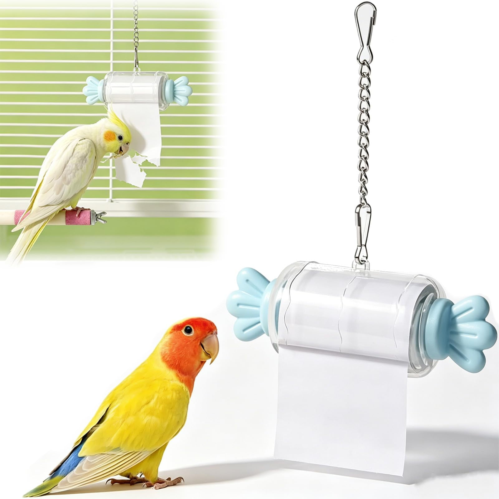 Bird Shredding Toy - Parrot Rolling Paper Play Toy with Hanging Chain, Chewing Accessory for Parakeet, Cockatiel, Conure