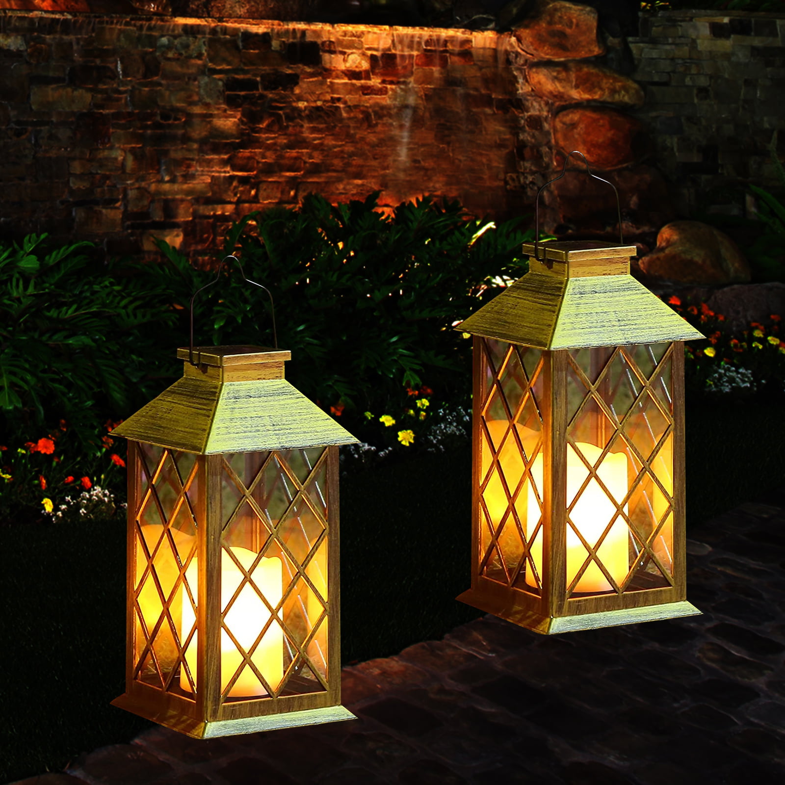 2Pcs Solar Light Garden Hanging Outdoor LED Flickering Candle Table Lanterns 