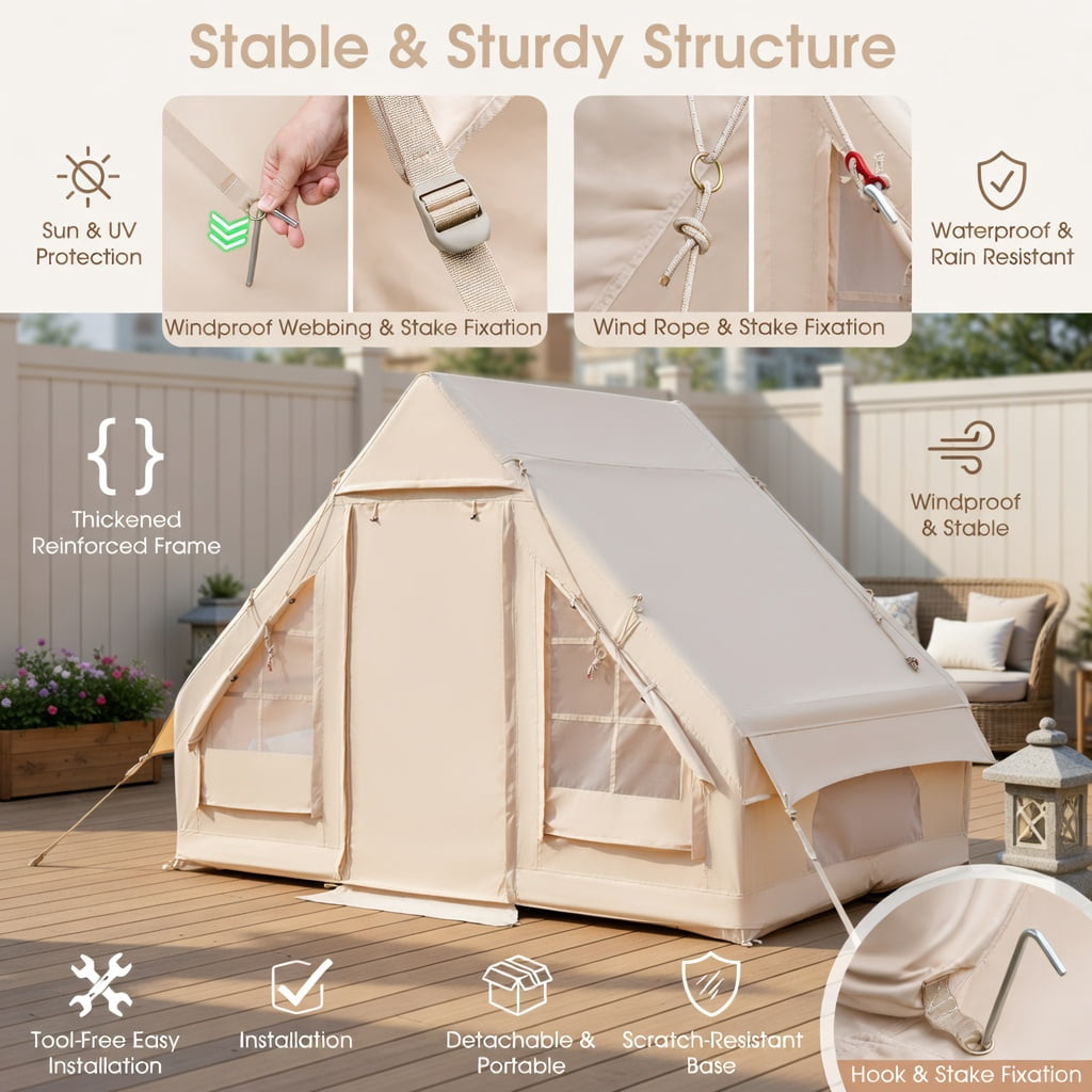 Resenkos Canopy, Gazebo Tent, Outdoor Canopies,Inflatable Camping Tent 2/4/6 People Glamping Tent for Family Camping with Pump-Beige