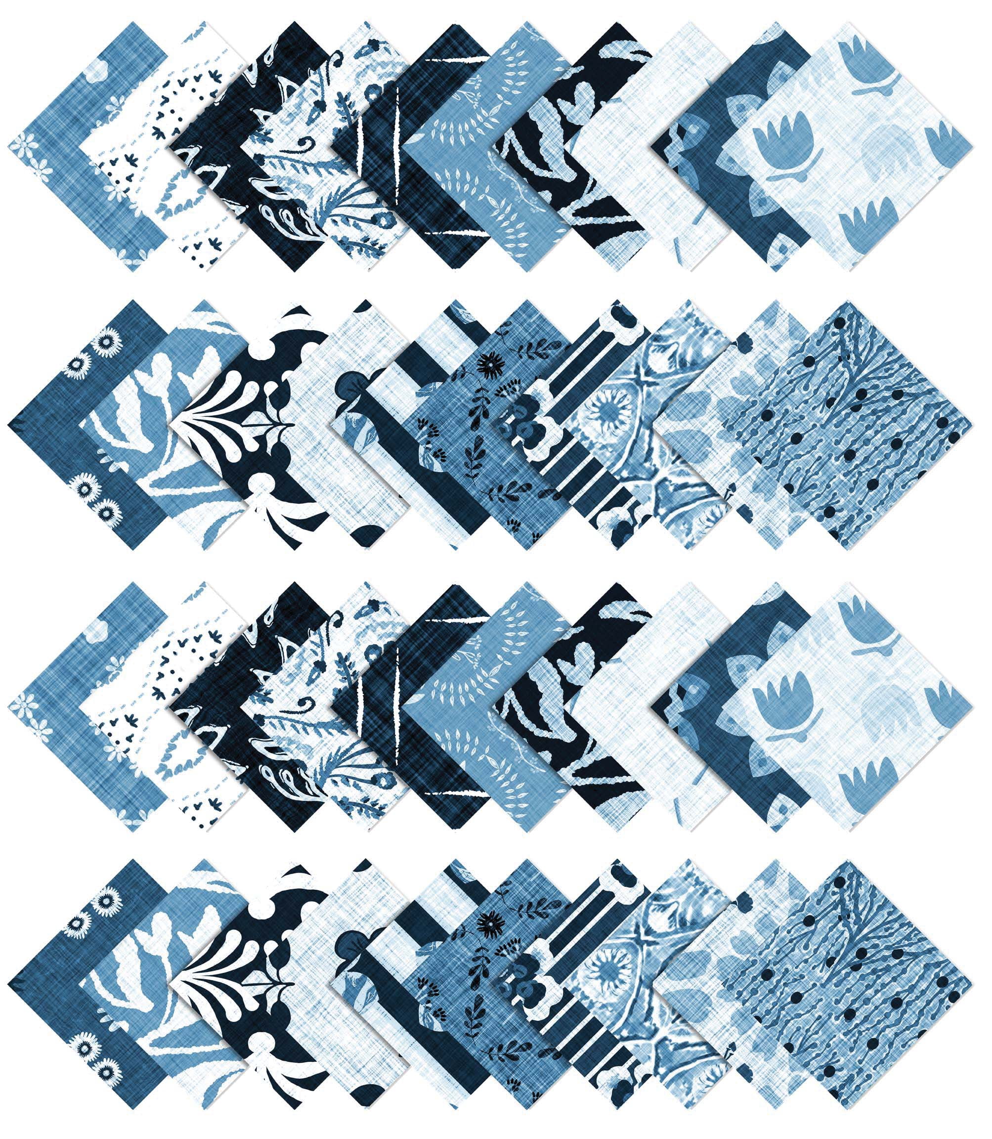 Soimoi 40Pcs Block Print Cotton Precut Fabrics For Quilting Craft Strips 2.5x42inches Jelly Roll - Blue