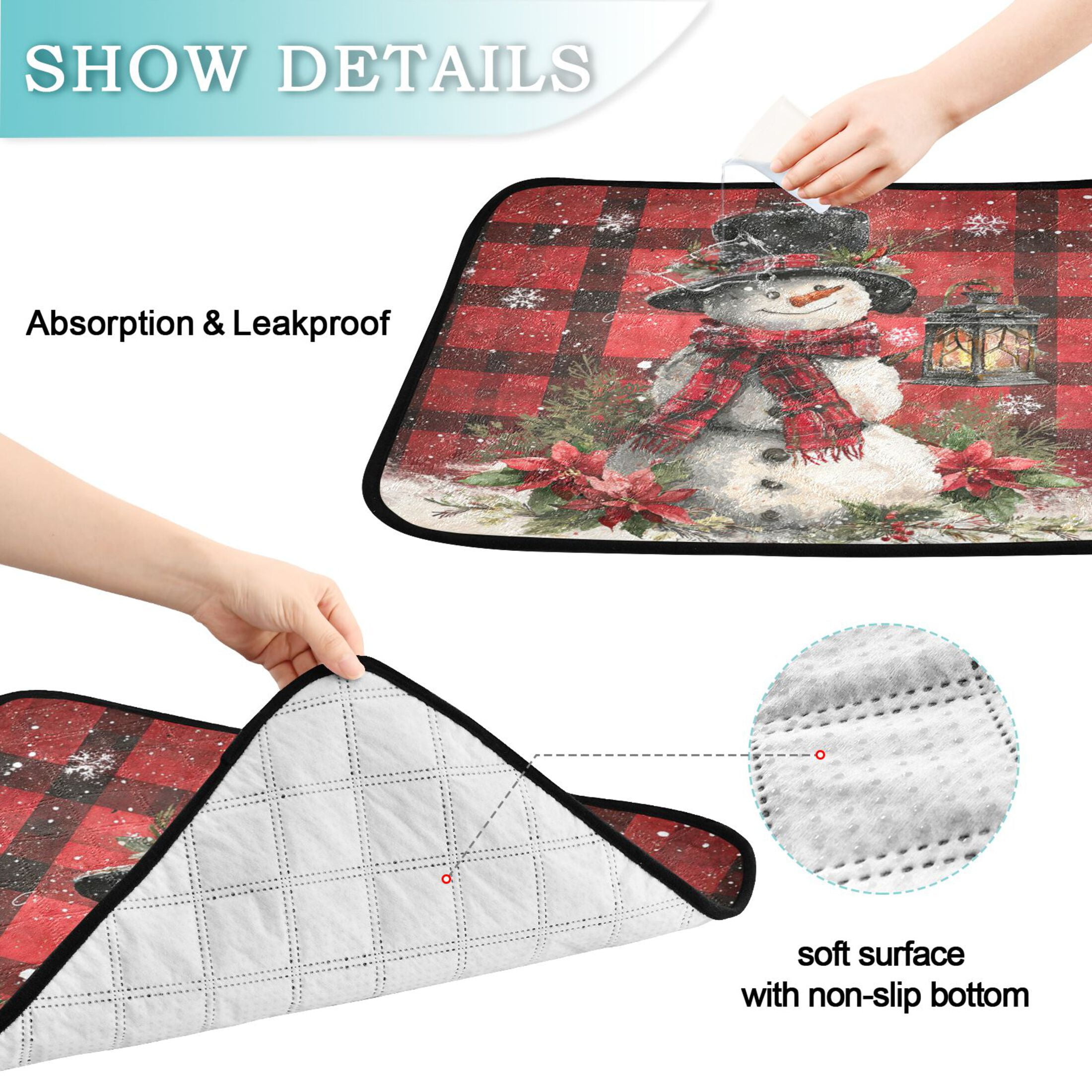 Qxltty Red Checkered Snowman Cat litter Pads Pet Set of 2 Diaper Mats Center Anti-leakage Layer Absorbent Soft and Comfortable
