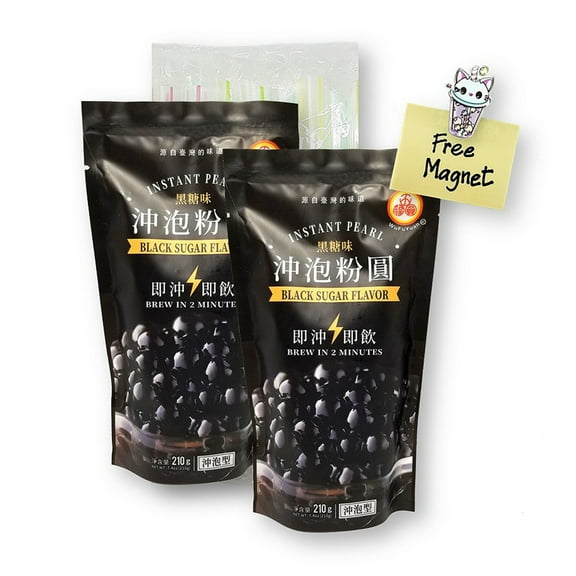 WuFuYuan INSTANT Boba Tapioca Pearls Bubble Tea DIY Set (No Cooking, 2 Prep Time), 25-pk Individually Wrapped Boba Straws & 1 Free Mini Bubble Tea Design Magnet (4-Piece Set)