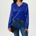 thumbnail image 2 of Aboser Womens Silk Satin Shirts Business Casual V Neck Blouses for Work Office Dressy Long Sleeve Shirt Lightweight Loose Fit Blouse Tops Blue L, 2 of 6