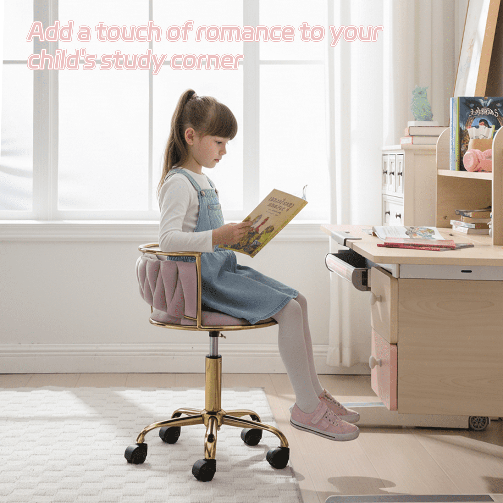 Guyou Kids Desk Chair, Velvet Rolling Swivel Children Chair, Adjustable Student Task Chair, Curved Woven Backrest Vanity Chair for Bedroom Dormitory Children Gifts, Light Purple