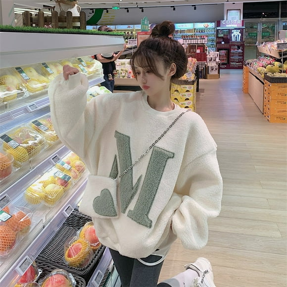 Korean O-Neck Lambwool Sweatshirts with Bags Women Simple Long Sleeve Loose Warm Tops Girl Solid Color All Match Pullovers