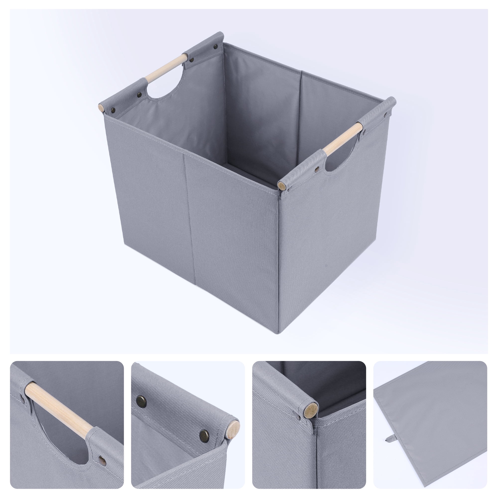 Unique Bargains Fabric Storage Bin with Wooden Handles Gray 15*12.8*12.8