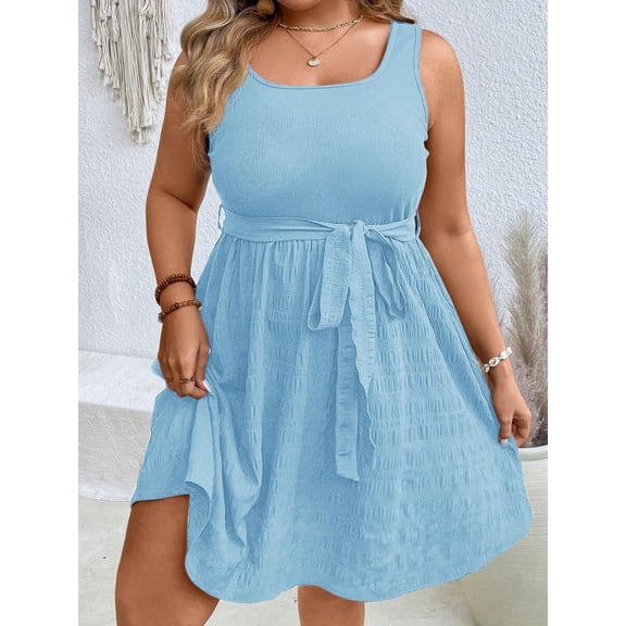 Baby Blue Plus Size Sleeveless Tie-Waist Sundress For Women, A-Line Summer Vacation Dress