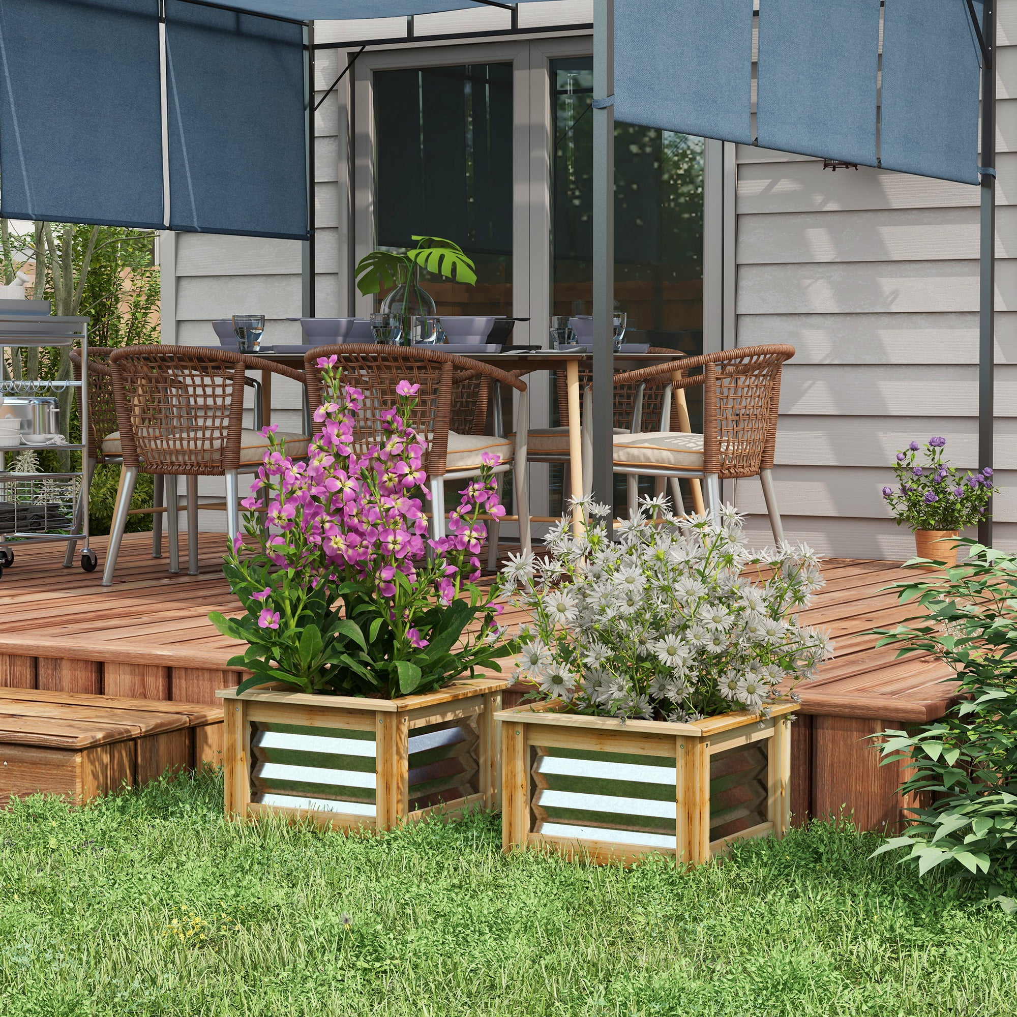 AsterOutdoor Raised Garden Bed Planter Box – Set of 2 – Galvanized Metal with Wood Reinforcement for Flowers, Herbs & Vegetables