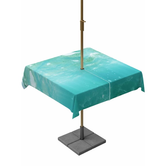 Outdoor Table Cloth with Umbrella Hole and Zipper, Teal Coastal Waterproof Square Tablecloth 54"x54", Summer Beach Ocean Seawater Nautical Washable Table Cover for Outside Party Patio Picnic