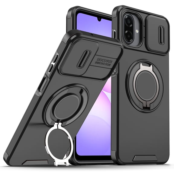 Dteck Magnetic Case for Samsung Galaxy A07,Shockproof TPU PC Case Built-in with Ring Holder Kickstand Slide Lens Cover for Galaxy A07,Black